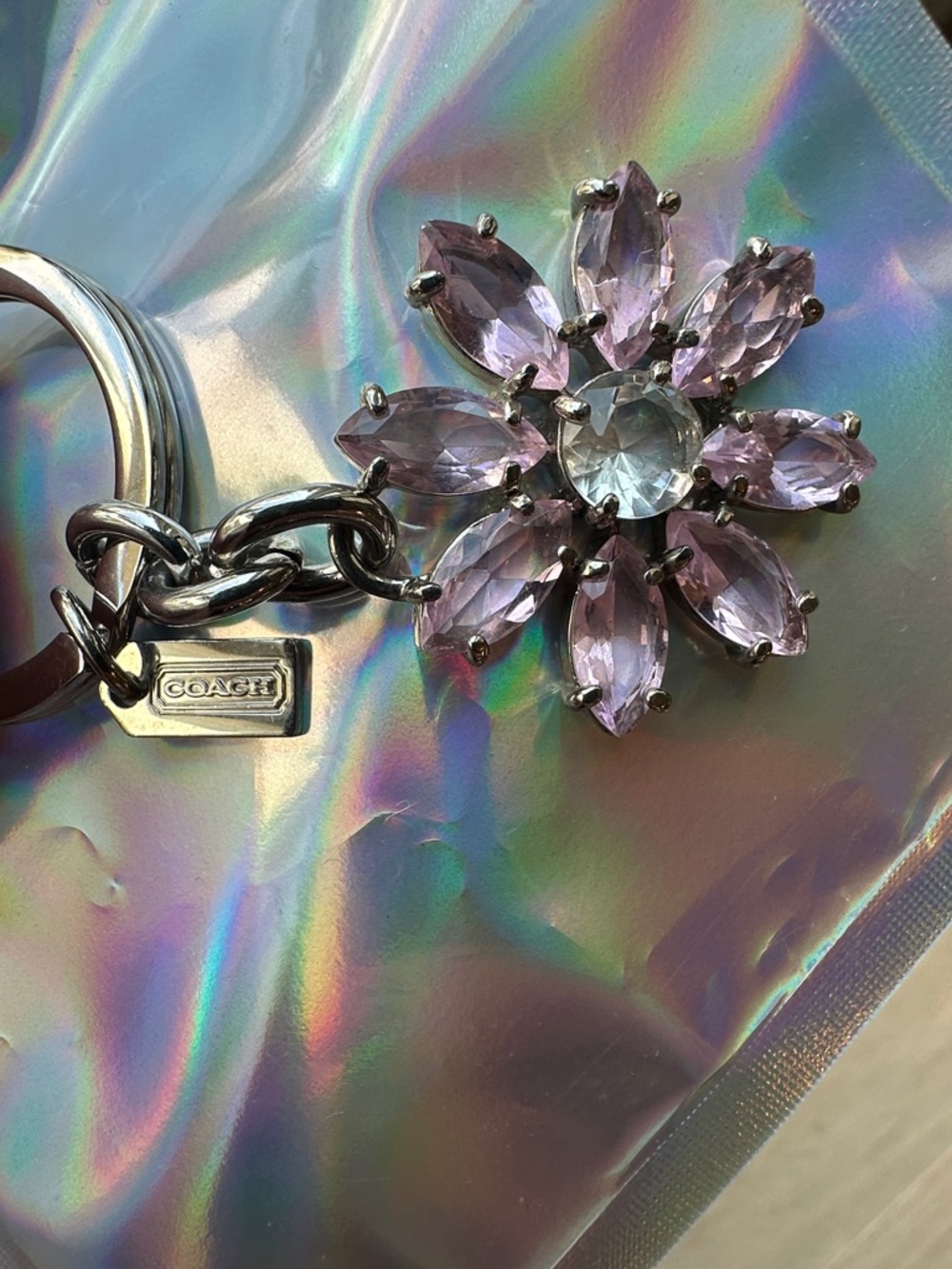 Coach Purple Crystal Flower Keychain with Silver Hardware - Picture 3 of 5